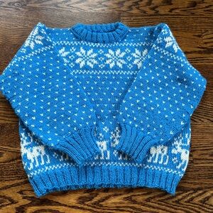 Blue and White Knit Sweater with Snowflake Pattern